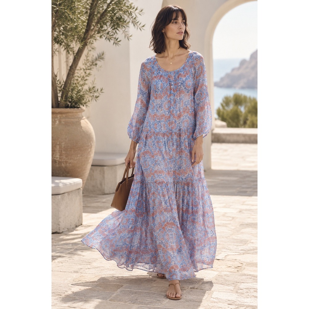 Paul & Joe Paris Silk Floral Tiered Maxi Dress Blue Red Resort 38 US 6